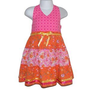 BLUEBERI BLVD Dress, 4T, Pink/Orange, Halter, Ribbon, Smocked back